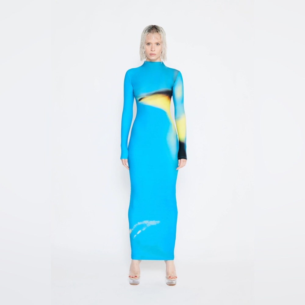 Woods by Jordyn Dress Womens Large Blue Rayne Mock Neck Long Sleeve Bodycon